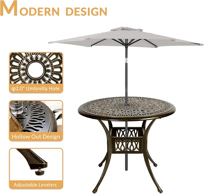 5-Piece Outdoor Patio Dining Set, All-Weather Cast Aluminum Patio Furniture Set for Backyard Garden Deck with 4 Chairs, 4 Cushions and 35.4" Round Table, 2" Umbrella Hole