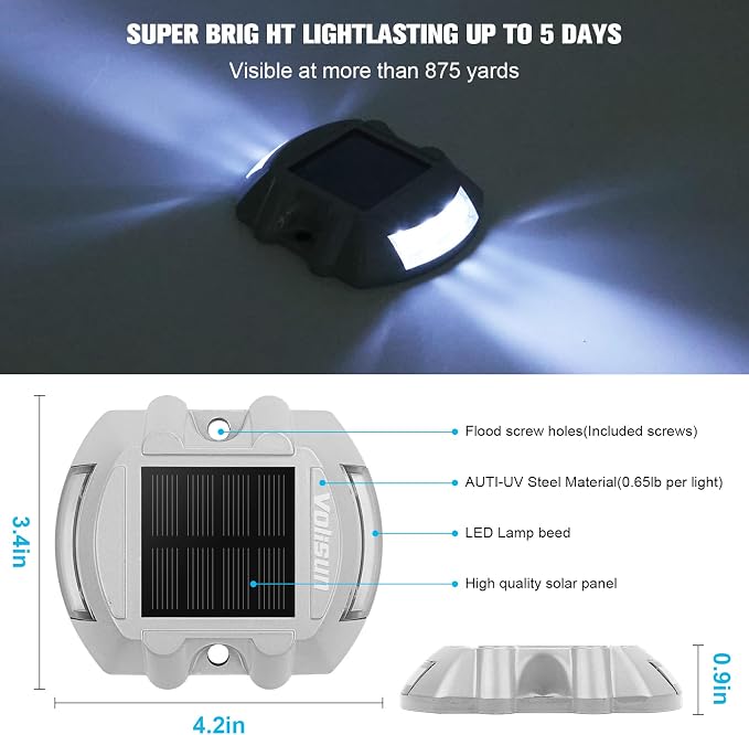 VOLISUN Solar Deck Driveway Dock Lights,Solar Pathway Lights,White 16 Pack | Solar Powered LED, IP68 Waterproof Led Outdoor Warning Step Marine Lights for Sidewalk Garden Yard