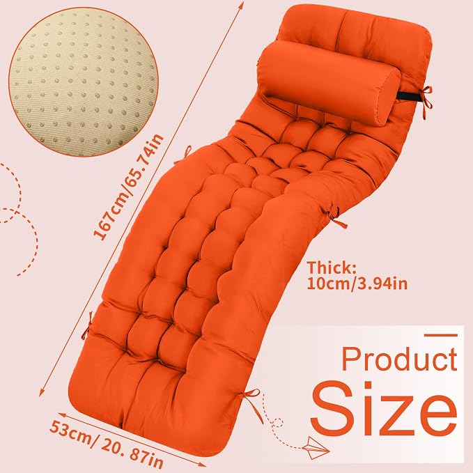 Tudomro Outdoor Chaise Lounge Cushion 66x21x4'' Waterproof & Fade-Resistant Patio Pool Chaise Lounge Cushion Headrest Pillow Tie Replacement Rocking High Back Chair(Bright Orange,Set of 2)