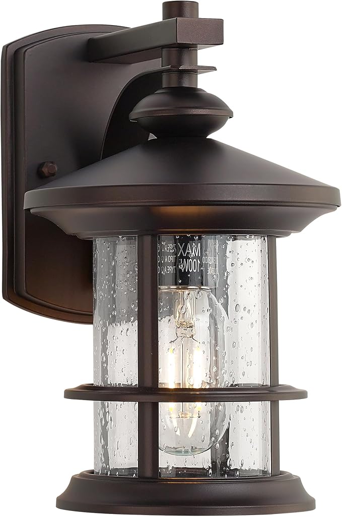 MICSIU 100W Max Vintage Farmhouse Oil Rubbed Bronze Outdoor Wall Light | 10 Inch Metal Exterior Sconce 1 Pack, Clear Seedy Glass Outsize Porch Light for Entryway, Garage, Bathroom