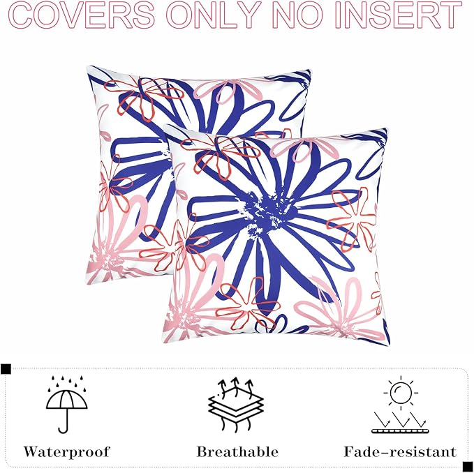 Pyonic Outdoor Waterproof Pillow Covers Pack of 2 Dahlia Water Resistant Decorative Outdoor Pillow Covers 18x18 inch Square Patio Pillows for Funiture Garden,White