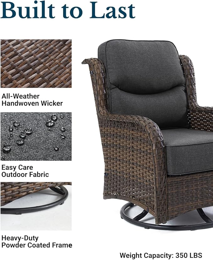 HILLGA Luxury Outdoor Patio Furniture Set with 6-Inch Thick Cushions, High Back Wicker Swivel Rocker Chairs, 7 Pcs All Weather Conversation Set for Large Deck, Yard and Poolside, Gray (V3)