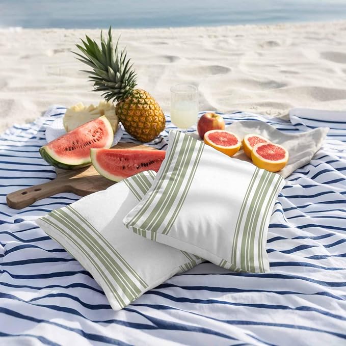 Outdoor Waterproof Throw Pillow Covers Set of 2 Sage Green Stripes Pillowcases 24x24 Inches White Vertical Striped Decorative Pillows Cushion Case Patio Pillows for Couch Bed Chair Garden