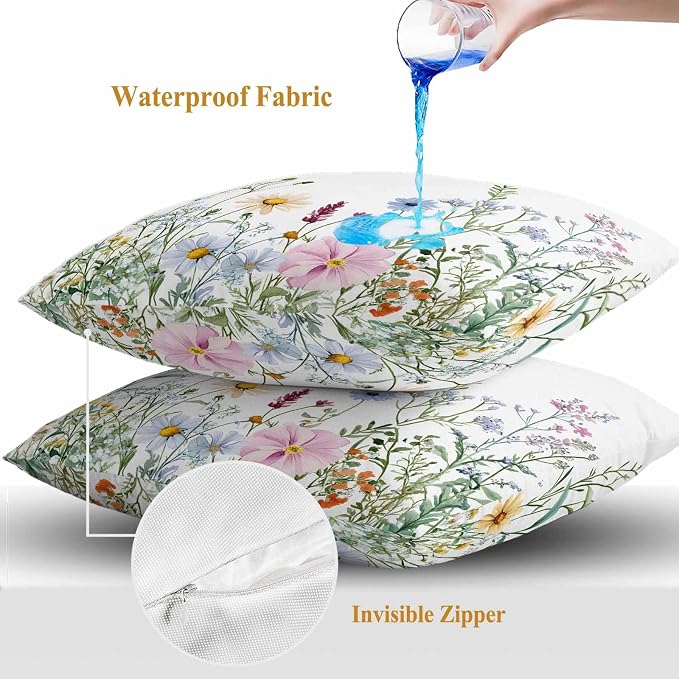 Farms Wildflowers Outdoor Waterproof Throw Pillow Covers Set of 2, 26"x26", Herbs Countryside Watercolor Floral Leaf Decorative Pillow Covers Outside Cushion Case for Patio Porch Garden