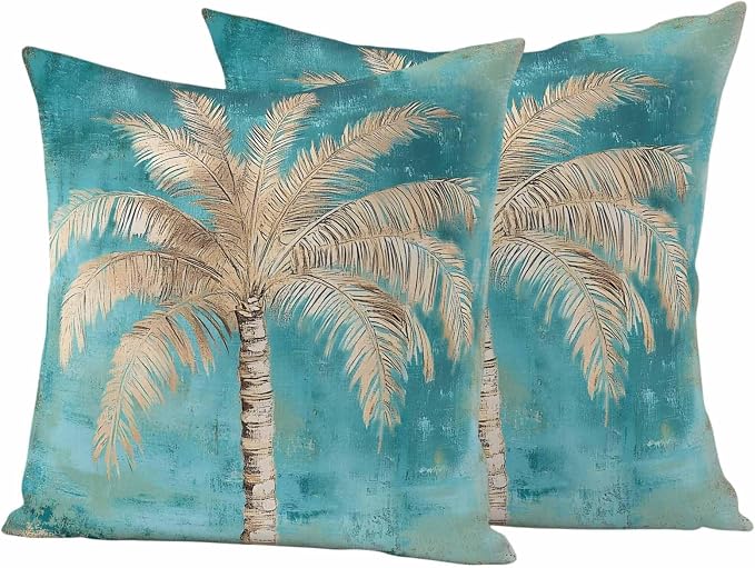 Coastal Beach Tree Outdoor Waterproof Pillow Covers, Vintage Teal Brown Decorative Square Throw Pillowcase, Tropical Palm Tree Sofa Cushion Sham for Patio/Couch/Chair, 16"x16" 2 Pack