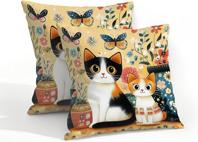 18x18 Inch Outdoor Pillow Covers Set of 2 Waterproof Throw Pillow Covers Decorative Couch Cushion Covers Charming Boho Floral Cats Square Pillowcases Protectors for Patio Garden Sofa