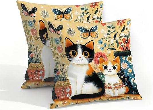 18x18 Inch Outdoor Pillow Covers Set of 2 Waterproof Throw Pillow Covers Decorative Couch Cushion Covers Charming Boho Floral Cats Square Pillowcases Protectors for Patio Garden Sofa