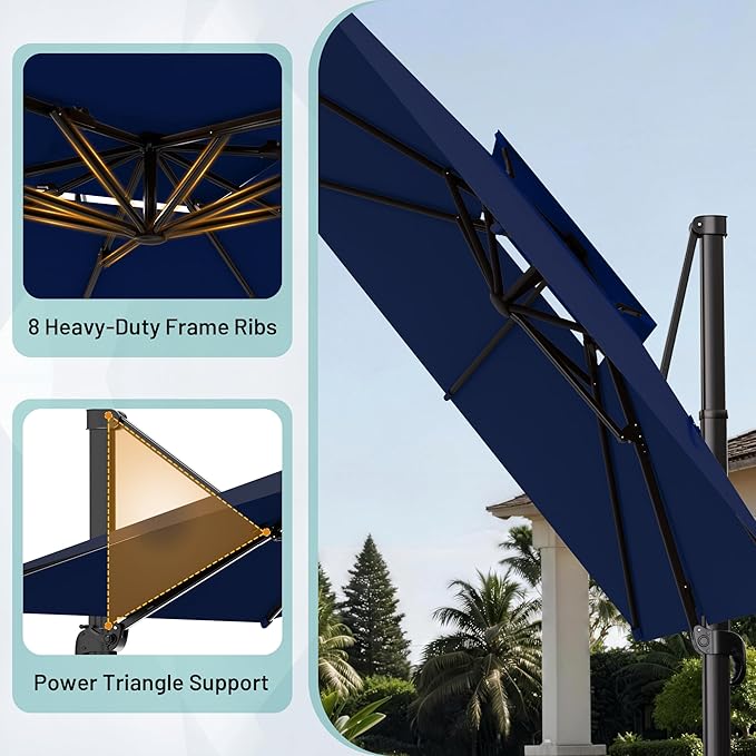 AreShark 10×10FT Double-Top Cantilever Patio Umbrella with Base Included, Offset Umbrella with 360 Degree Rotation, Heavy Duty Patio Umbrella for Garden Deck Pool, 5 Tilt Angles, Navy