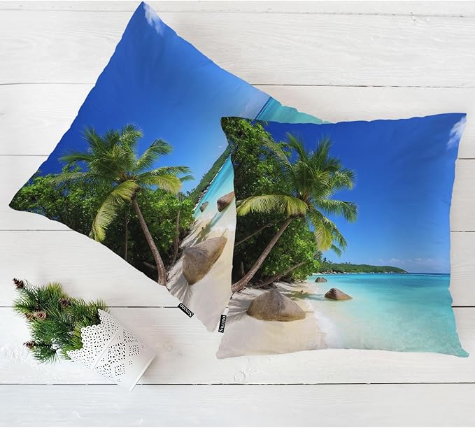 Swono Throw Pillow Covers Ocean Beach, Tropical Ocean Sea Palm Trees Accent Cushion Covers Decorative Pillowcase for Men Women, Livingroom Sofa Bed Pillows Covers, 18x18 Inch, Set of 2