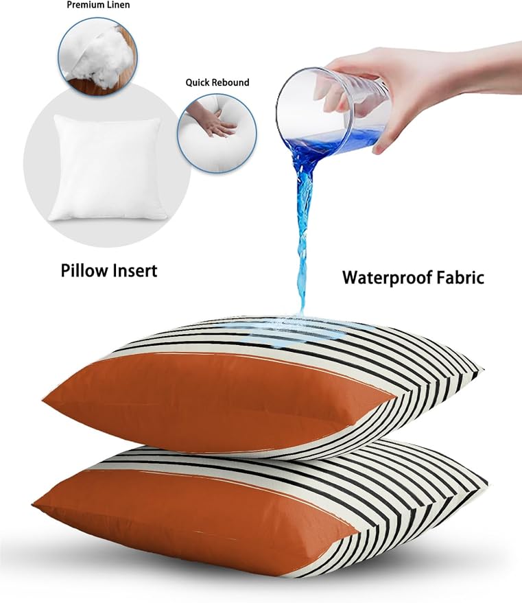 Waterproof Outdoor Pillow Set of 2 Black Stripes Decorative Throw Pillows Cover & Insert 16x16 Inch Pillowcase Striped Lines Orange Square Pillows for Couch Sofa Bed Patio Furniture Indoor Outdoor
