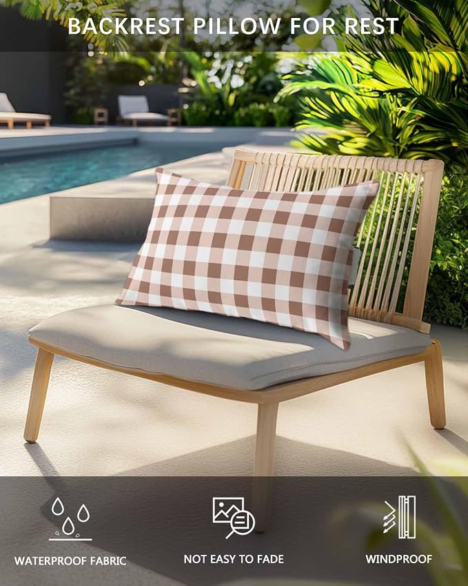 Pack of 4 Outdoor Lumbar Pillow Covers 11x16 Inch, Brown Checkered Waterproof Throw Pillow Covers Set, Farmhouse Buffalo Plaid Indoor&Outdoor Decorative Cushion Cases for Patio Porch Beach