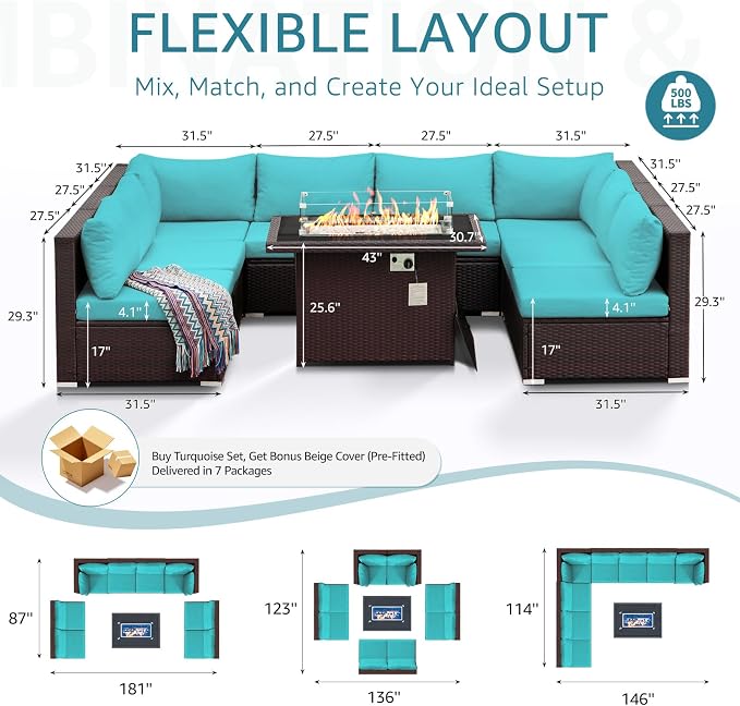 NICESOUL 9 Piece Patio Sectional Set with Firepit Natural Gas/Propane, 29.3'' High Back Tall Big Outdoor Conversation Couch Sets, Wide Sitting Furniture for Outside, Brown Rattan and Teal Cushion