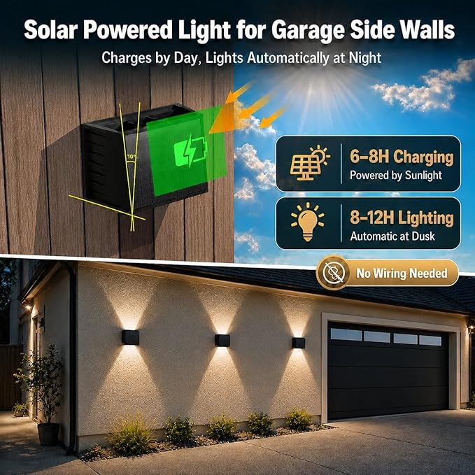 T-SUN 8 Pack Solar Wall Lights Outdoor, Up and Down Solar Wall Sconce | 3000K, IP65 Waterproof Decorative Accent Lights for Front Porch, Garage Wall, Back Patio, Fence Corner, Pathway Entry