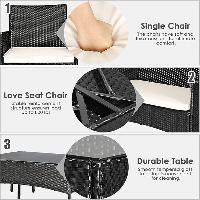 HAPPYGRILL 4PCS Patio Furniture Set Rattan Wicker Conversation Set Outdoor Patio Table Chair Set Wicker Sofas and Coffee Table Set for Garden Lawn Poolside