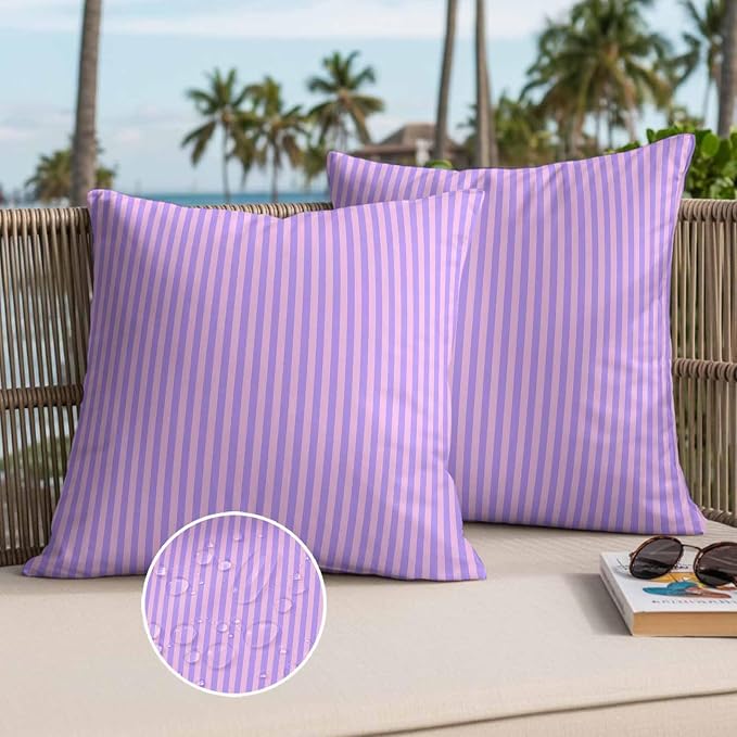 Throw Pillow Covers 24x24 Inch Set of 2, Purple Pink Waterproof Outdoor Cushion Covers, Geometric Vertical Striped Solid Rainbow Decorative Pillowcases for Couch, Sofa, Bed, Garden, Patio
