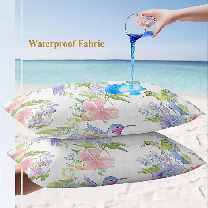 Spring Hummingbird Outdoor Waterproof Throw Pillow Covers Set of 2, 20"x12", Colorful Birds Floral Decorative Pillow Covers Outside Cushion Case for Patio Porch Garden