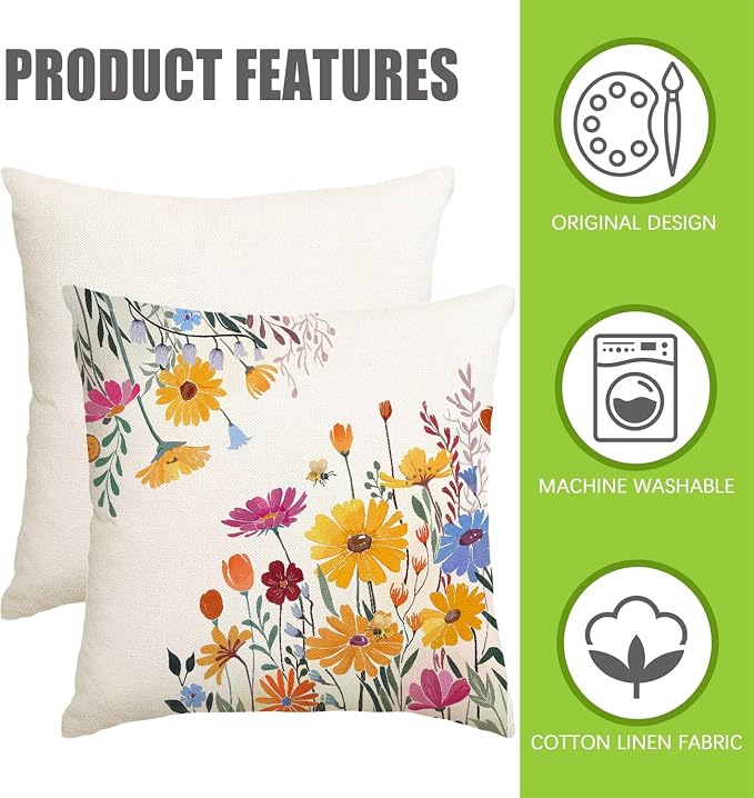 RABUSOFA Spring Summer Pillow Covers Waterproof 20x20 Inch Outdoor Decor Decorative Pillows for Couch Yellow Flower Daisy Floral Farmhouse Pillowcase for Patio Balcony Sofa Set of 2