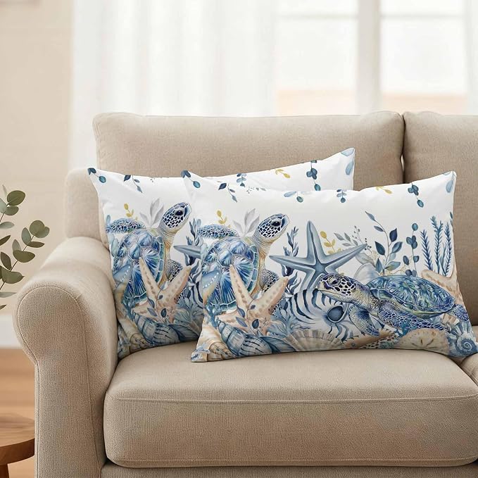 Pack of 2 Blue Turtle Coastal Outdoor Pillow Covers Decorative, Beach Coral Starfish Waterproof Pillow Protector, Nautical Eucalyptus Lumbar Throw Pillowcases for Patio Couch Sofa Home Decor 20"x12"