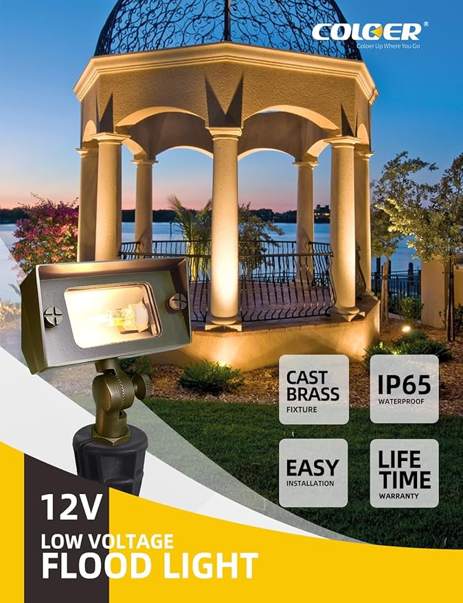 COLOER Brass Small Rectangular Flood Lights Outdoor 12 Pack with 3W 2700K Warm White LED G4 Bulb, 12V Low Voltage Landscape Outside Lights for House Illuminating Signs, Walls and Plant Material