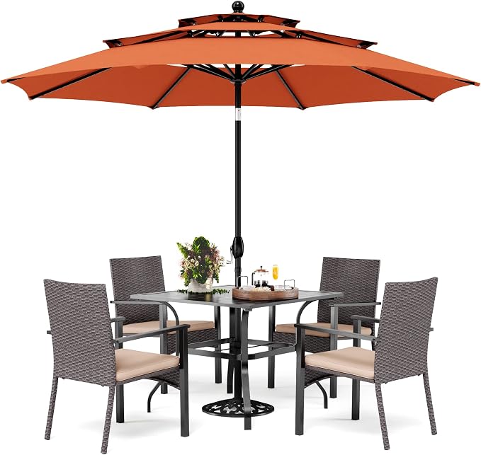 PHI VILLA 5pc Patio Dining Set with Umbrella, Square Table, Rattan Chairs | 37" Metal square dining table, cushioned wicker chairs, 10ft red umbrella. Perfect for patio, deck, yard, porch.