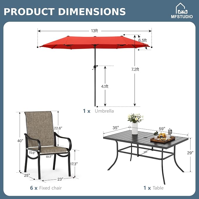 MFSTUDIO Patio Dining Set for 6, Outdoor Dining Set with Umbrella, Patio Furniture Set with Rectangular Table & Textilene Chairs & Orange Red Umbrella (Base not Included)