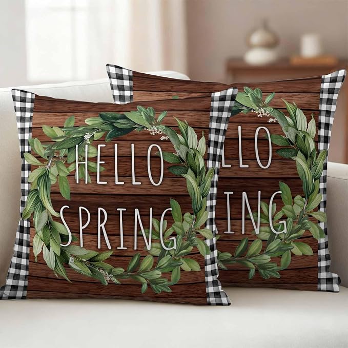 Hello Spring Outdoor Pillow Covers Pack of 2 Green Leaf Plant Black Plaid Brown Wood Grain Waterproof Throw Pillow Covers Decorative Cushion Cases for Patio Garden Tent Balcony Couch 20x20 inch