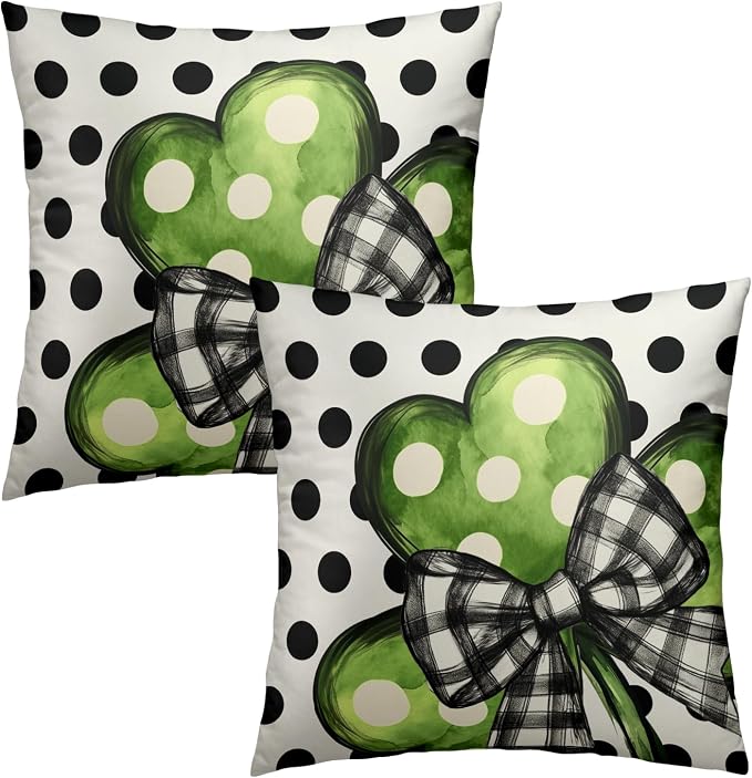 Lucky Shamrock Throw Pillow Covers 16x16 Inch – Set of 2 Green Clover with Black White Plaid Bow Polka Dot Holiday Cotton Pillowcases for Couch Sofa Bed Porch Farmhouse Home Decor