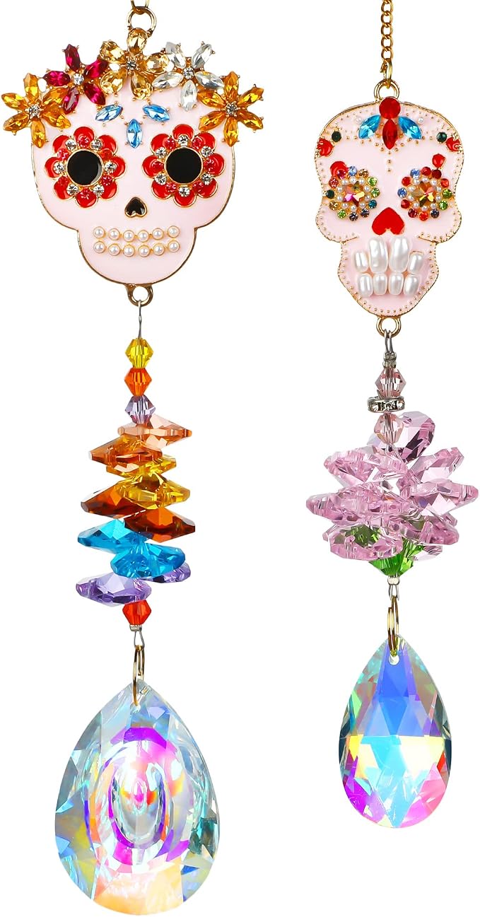 2 Pcs Skull Rhinestone Crystal Pendant Chandelier Suncatcher Hanging Decor | Crystal Bead Chain Suncatcher with Skull Rhinestone Pendant for Chandelier Window Wedding Party Decor Accent