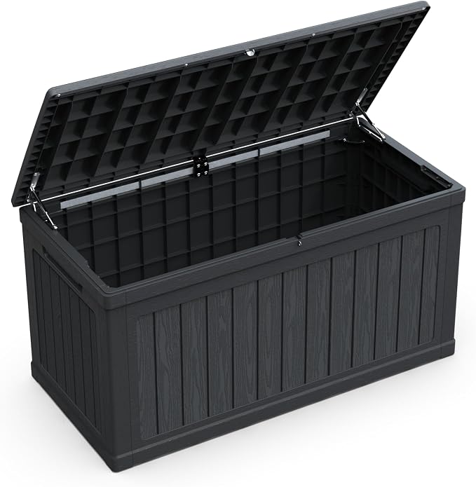 230 Gallon Extra Large Outdoor Storage Deck Box with Lockable Lid, Waterproof Resin Construction, Holds Patio Furniture, Pool Gear, Tools, 440lbs Weight Capacity, Wood-Grain Finish, Black