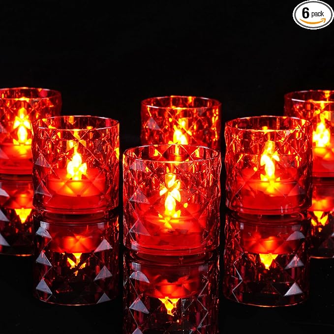 Homemory 2" x 2" Acrylic Votive Candle Holders with Auto Timer Flameless Led Tealight, Battery Powered Fake Electric Candles for Wedding Centerpiece, Table, Christmas Decor (6Pack, Red Base)