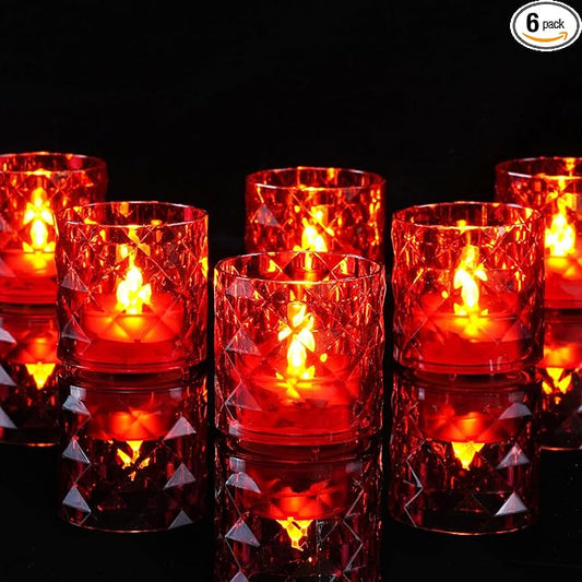 Homemory 2" x 2" Acrylic Votive Candle Holders with Auto Timer Flameless Led Tealight, Battery Powered Fake Electric Candles for Wedding Centerpiece, Table, Christmas Decor (6Pack, Red Base)