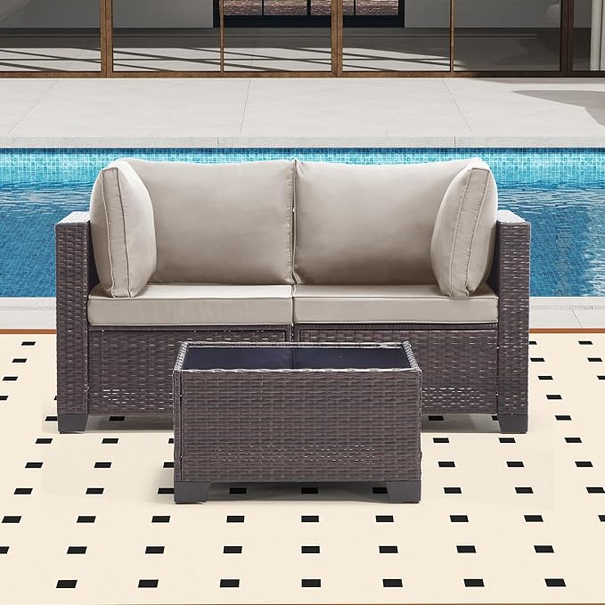 Bonzy Home 3 Pieces Outdoor Patio Furniture Set, PE Rattan Outdoor Sectional Furniture Sofa Set with Removable Cover and Glass Coffee Table, Patio Sofa for Balcony, Porch, Garden, (Brown-Grey)