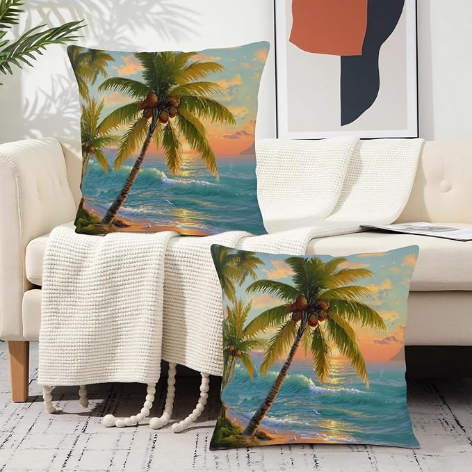 Coconut Palm Tree Pillow Covers Tropical Ocean Beach Throw Pillow Covers 16x16 Set of 2 Summer Sunset Coastal Pillow Cases Hawaiian Sea Wave Cushion Case for Home Living Room Bedroom