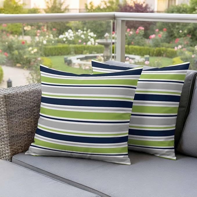 Outdoor Pillow Covers 24 x 24 Inches, Green Gray Striped Waterproof Throw Pillow Cover Set of 2, Farmhouse Stripes Modern Abstract Art Decorative Square Cushion Covers for Patio/Couch/Garden