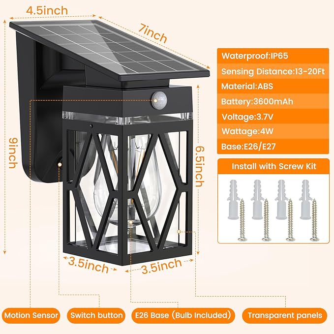 1 Pack Solar Porch Lights Outdoor with Dusk-to-Dawn Motion Sensor | 200LM 3000K Warm White, E26 ST58 Bulb, Classic Lantern Design, 3 Lighting Modes, IP65 Waterproof for Porch, Garage & Patio