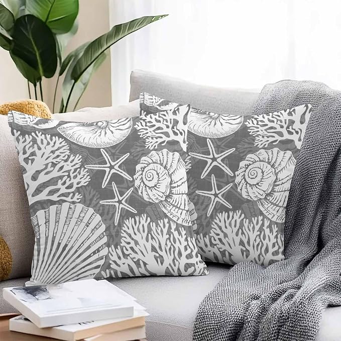 Outdoor Pillow Covers 26x26 Inch Set of 2, Grey Starfish Coastal Waterproof Throw Pillow Covers, Summer Coral Shell Beach Nautical Decorative Cushion Pillowcases for Couch, Sofa, Bed, Garden, Patio