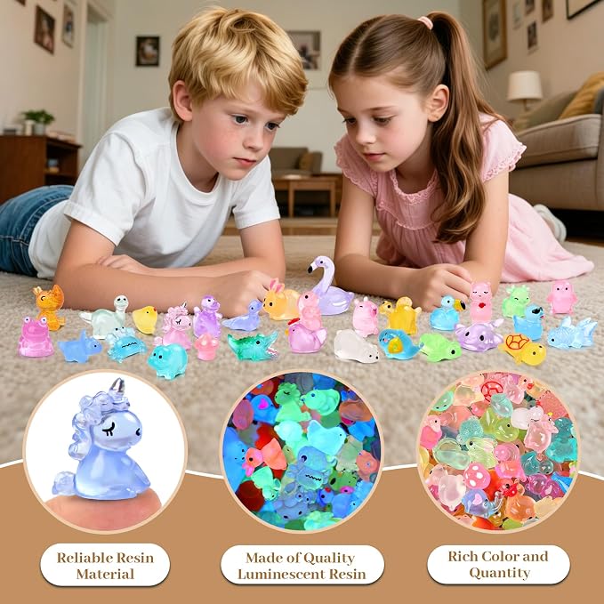 150PCS Mini Luminous Resin Animals 40+ Styles Glow Tiny Resin Animal Miniature Little Small Animal Figures for Accessories Dollhouse Potted Garden Aquarium Party Decoration DIY Craft