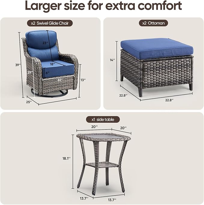 Swivel Patio Chairs Sofa Set of 5 with 6" Thick Cushion - Wicker Outdoor Swivel Rocker Patio Chair with Side Table, High Back Comfortable Outdoor Glider Chairs - Grey Wicker | Blue Cushions