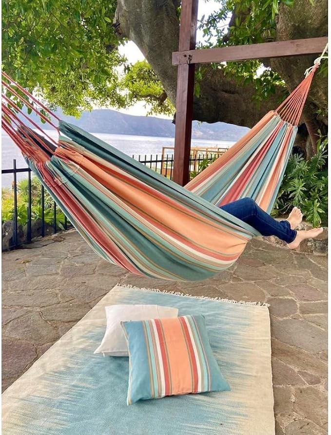 Pastel Striped Cotton Hammock for Indoor or Outdoor Use – 90x50 Inches, 250 lbs Capacity, Bohemian Style for Patio, Porch, Poolside, Deck, Living Room