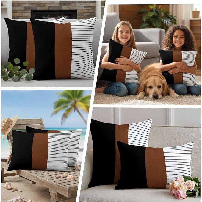 Waterproof Pillow Covers Set of 2 16x16 Inch Brown Black Lines Outdoor Cushion Covers Boho Style Decorative Pillow Cases for Patio, Sofa, Couch, Garden, Balcony