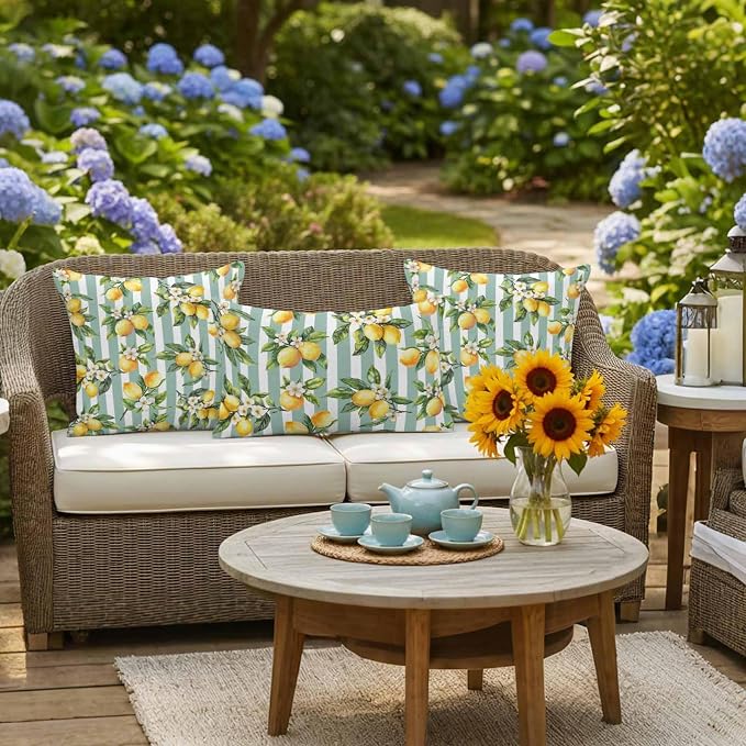 Yellow Lemon Waterproof Outdoor Pillow Covers Set of 2 Home Decor, Spring Botanical Floral Leaves Aqua Stripes Pillowcase Patio Pillow Covers for Couch Bench Furniture Garden 24x24in