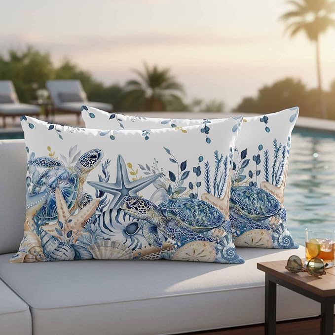 Pack of 2 Blue Turtle Coastal Outdoor Pillow Covers Decorative, Beach Coral Starfish Waterproof Pillow Protector, Nautical Eucalyptus Lumbar Throw Pillowcases for Patio Couch Sofa Home Decor 20"x12"