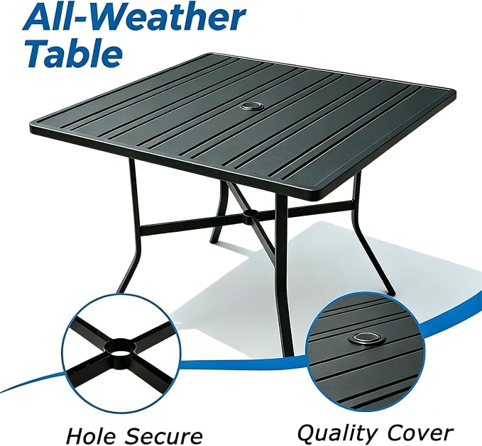 Outdoor Patio Furniture Set 5 Piece with 4 Stackable Black Rattan Chairs and Black Outdoor Metal Dining Table with Umbrella Hole