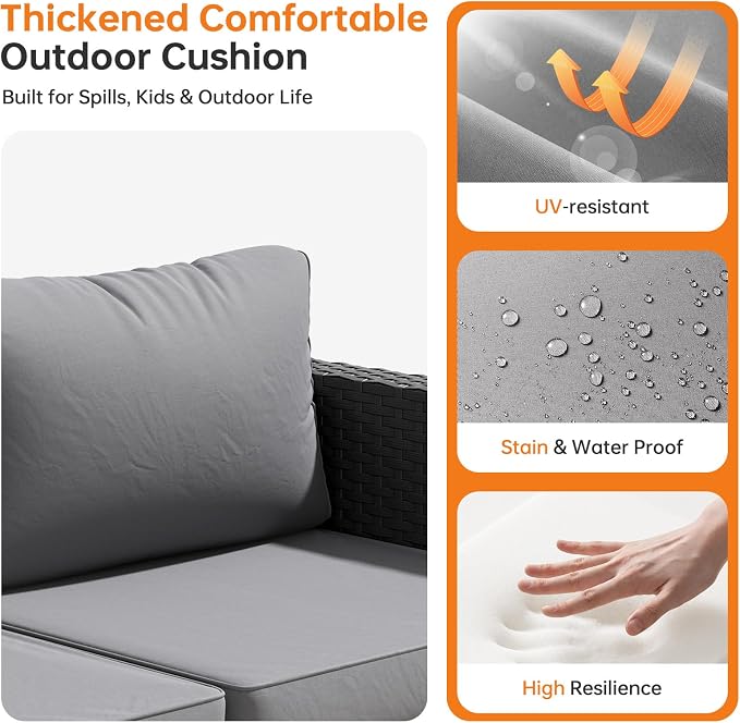 LazySunsets 1-Piece Outdoor Patio Furniture Set, Rattan Outdoor Sectional with Thick Waterproof Cushions, Waterproof Cover, Patio Conversation Set for Garden, Backyard, Porch, Grey