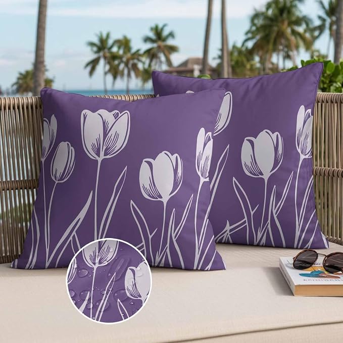 Purple Flower Waterproof Outdoor Pillow Covers Set of 2 Home Decor, Country Garden Floral Aesthetics Plant Pillowcase Patio Pillow Covers for Couch Bench Furniture Garden 24x24in
