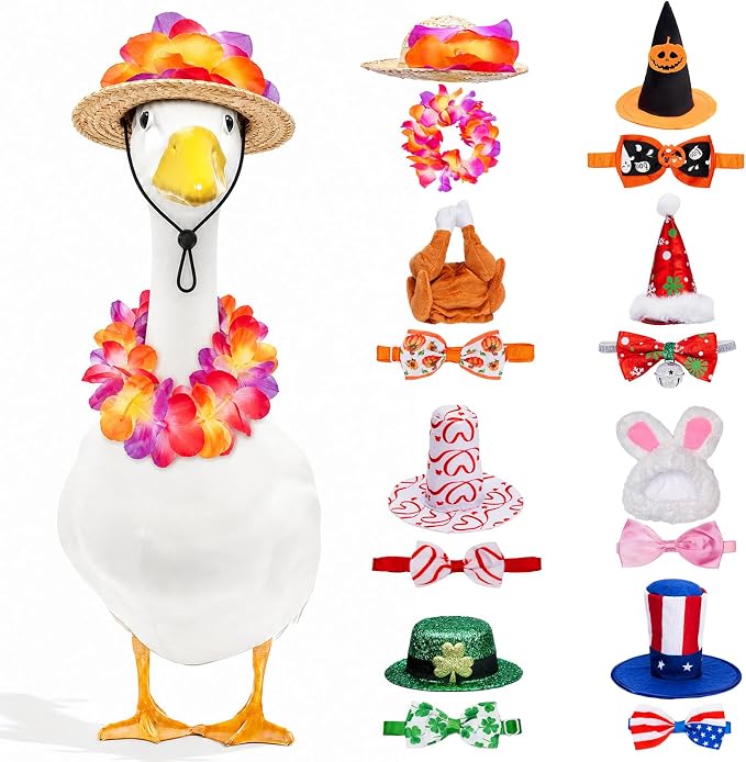 8 Set Holiday Porch Goose Outfits for 17/19/23" Plastic Lawn Goose - 4th of July, Summer, Thanksgiving, Valentines, St. Patricks, Easter Clothes - Patio Yard Garden Decor with Hat and Bow Tie
