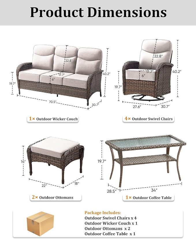 8-Piece Luxury Patio Furniture Set with 6-Inch Thick Cushions, High-Back Outdoor 4 Swivel Rocking Chairs with Wicker Coffee Table, All-Weather Conversation Set for Porch, Deck, Yard – Beige