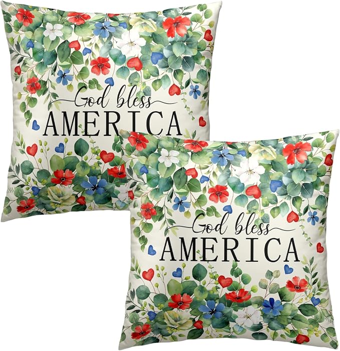 4th of July Throw Pillow Covers God Bless America Pillow Cases Red White Blue Flower Patriotic Pillow Covers 16x16 Set of 2 Memorial Day Cushion Cases for Home Porch Patio Garden