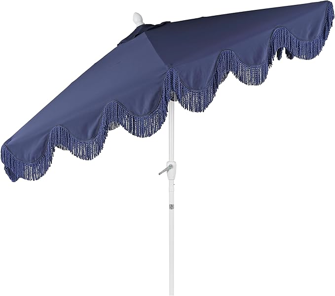 JONATHAN Y UMB1001 Collins 9 ft. Classic Cottage Tassel Market Patio Umbrella with Auto-Tilt, Crank, Wind Vent and UV Protection