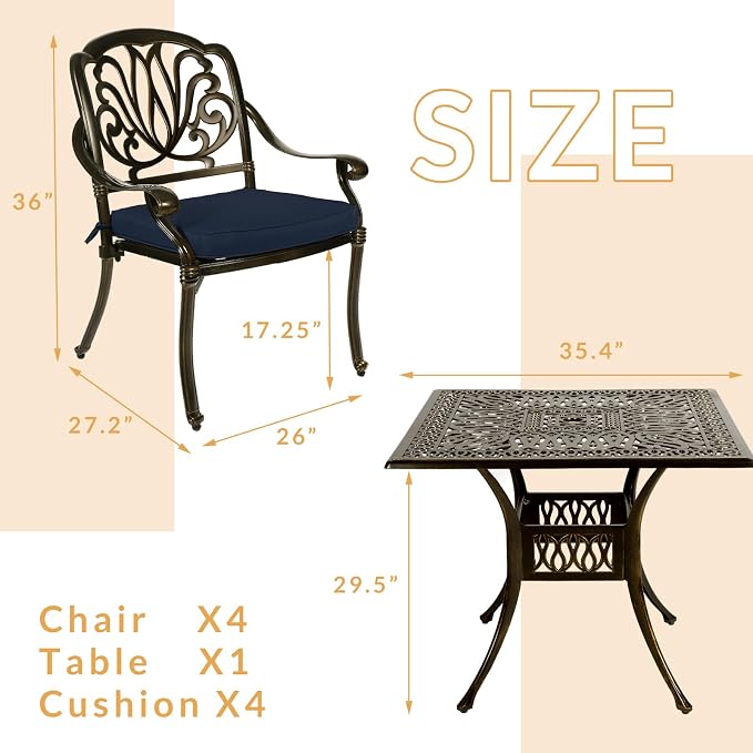 5-Piece Outdoor Patio Dining Set, All-Weather Cast Aluminum Patio Furniture Set for Backyard Garden Deck with 4 Chairs, 4 Cushions and 35.4” Square Table, 2.2" Umbrella Hole, Navy